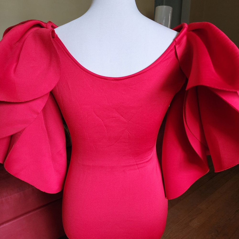 Red Ruffled Skeeve Bodycon Cocktail Dress - Picture 4 of 5